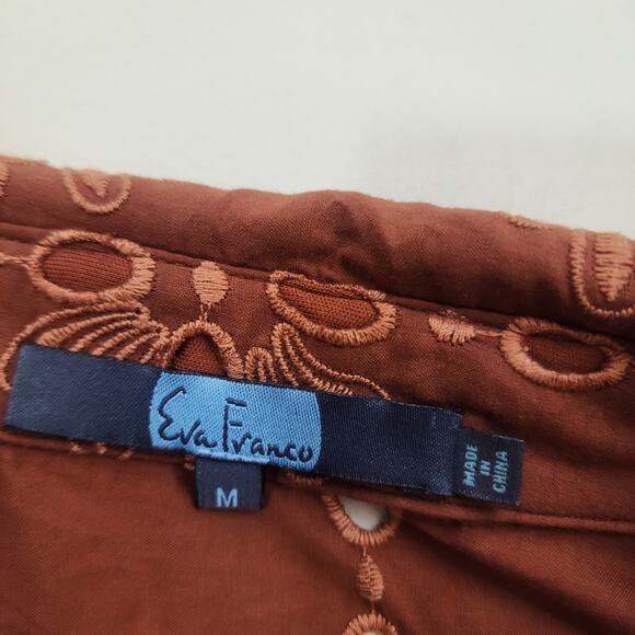 Eva Franco large eyelet chocolate brown 3/4 sleeve button front dress size M - Picture 3 of 9